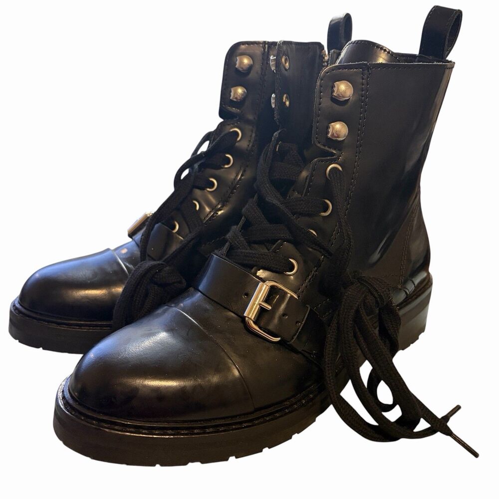 AllSaints Donita Combat Boots Women's Size 7 Black Leather Captoe Buckle Strap
